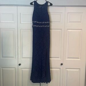 Long royal blue formal lace dress with rhinestones